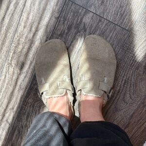 Birkenstock Fuzzy Interior Suede Slip-On Clogs in Gray